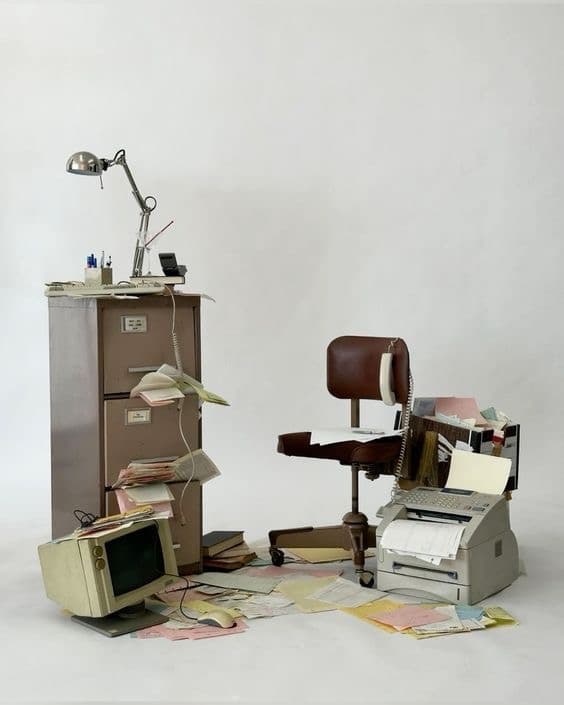 A messy office with papers everywhere